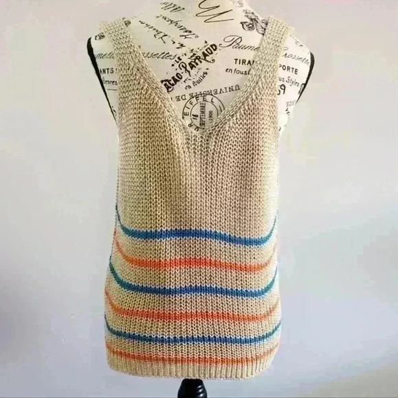 PANAREA | Women's Gold Metallic Striped Knitted Resort Wear Tank Top - Picture 2 of 3